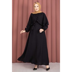 Robe de soirée noire coupe trapèze avec cape et ceinture, style modeste, coupe confortable, ornée de sequins et de perles, taille XL, longueur ras du sol - Product Image 3