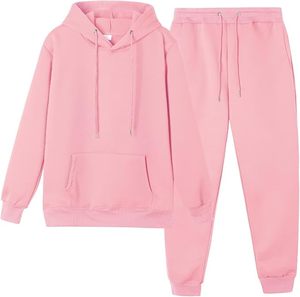 Ensemble sweat-shirt à capuche rose et pantalon de survêtement, couleur unie, tenue décontractée pour adultes, respirant, pour toutes les saisons - Product Image 1