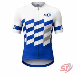Maillot de cyclisme pour homme SI, manches courtes, bleu et blanc à carreaux, respirant, en polyester, vêtements de sport - Product Image 1