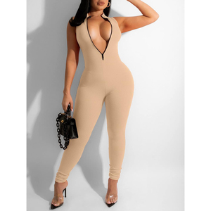 Hot-Selling <b>Women's</b> Sleeveless Ribbed Knitted Summer Bodycon <b>Jumpsuit</b> Stretch Spandex Polyester Romper Skinny Solid <b>Casual</b> - Product Image 2