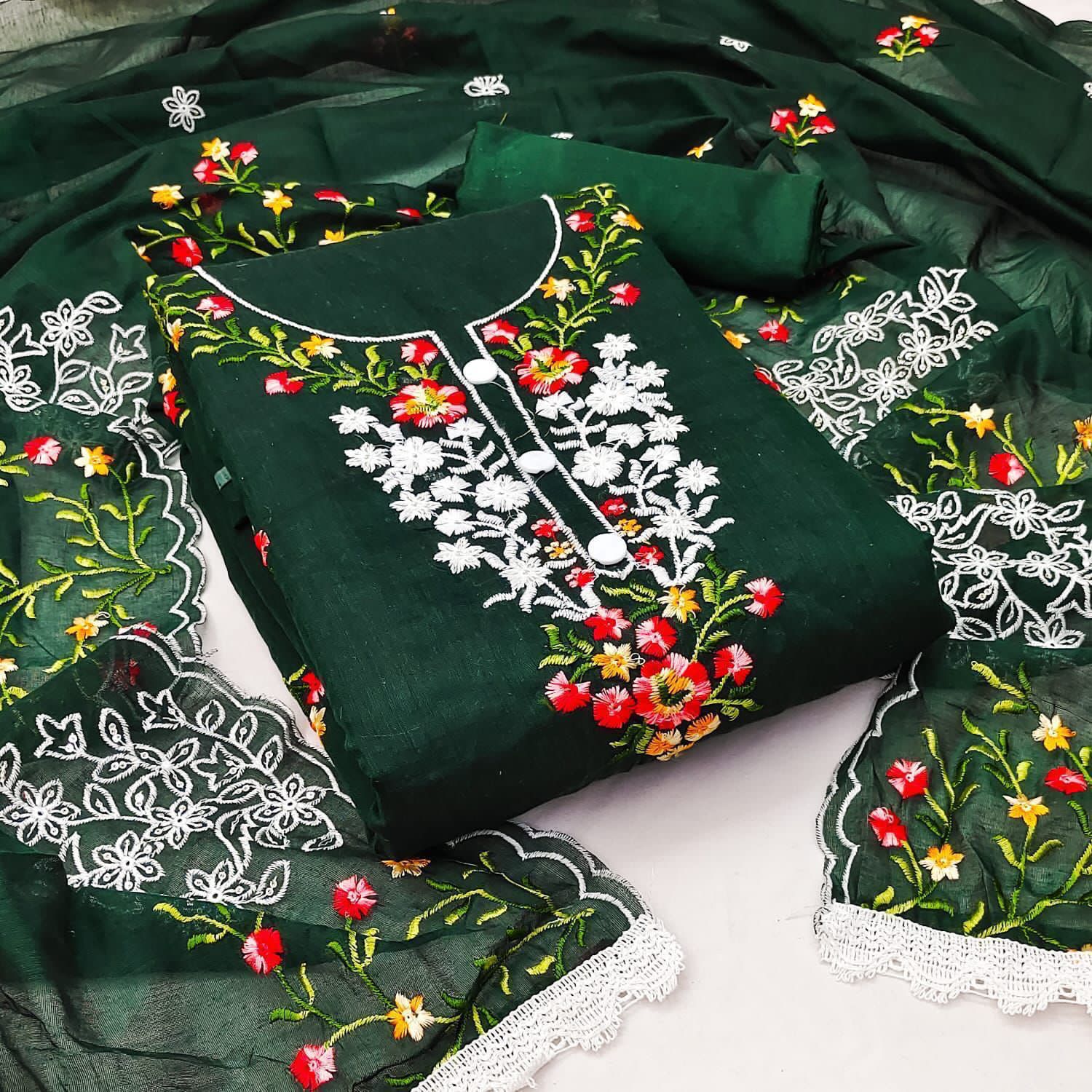 green emerald velvet dress Hand-embroidered Georgette Dress with Buti Embroidery – House of Fakir Chand main image 1