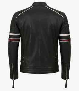 Chaqueta de Motociclista Estilo Moto Ajustada para Hombre en Cuero Vacuno Negro con Mangas a Rayas - Product Image 4