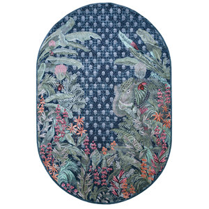 พรมขนสัตว์และไหมทอมือลายดอกไม้สีน้ำเงินและลายนามธรรมสำหรับบ้านและทางเดิน รูปทรงสี่เหลี่ยมผืนผ้า-SLR-7071 สำหรับห้องนั่งเล่น - Product Image 1