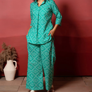 Otoño Verano Primavera Invierno Rang Malhaar azul Bandhej algodón Co-Ord conjunto hecho a mano Floral ecológico Casual Natural diario - Product Image 1