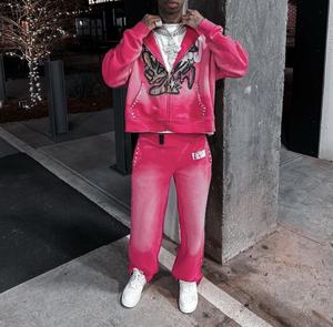 Fabricant personnalisé de vêtements de ville Sweat à capuche zippé en strass Ensemble de pantalons de survêtement pour hommes, survêtement délavé au soleil pour hommes - Product Image 2