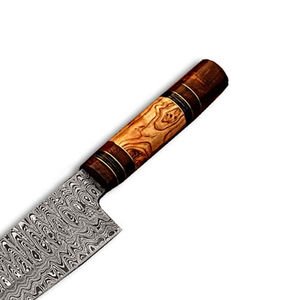 มีดเชฟเหล็กดามัสกัสตีขึ้นรูปด้วยมือ พร้อมปลอกหนัง สำหรับใช้ในครัวและตั้งแคมป์ มีบริการ OEM - Product Image 6