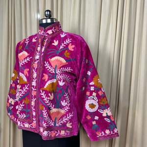 Boho Chic Retro Chic Free Size Robe Hand Embroidered Pink Floral Velvet Suzani <b>Jacket</b> Open Front Winter Coat Soft Free Size Robe - Product Image 6