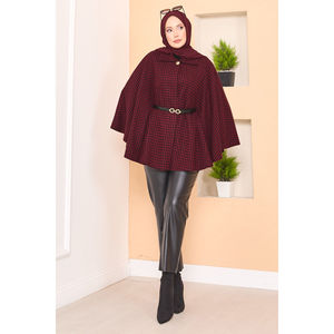 Autumn Warm Houndstooth Patterned Belted Hijab <b>Poncho</b> Burgundy - Product Image 4