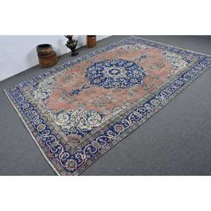 Alfombra de lana azul y rosa tradicional hecha a mano, alfombra rectangular de rompecabezas de retazos turcos de 6,9x10,1 pies para sala de estar, respaldo de látex - Product Image 2