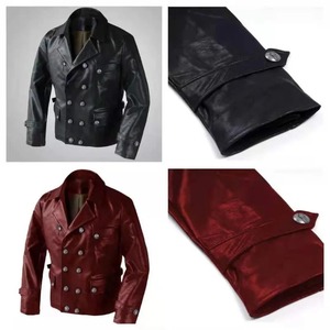 Hiver Vintage Cuir Véritable Toile Hommes Médiéval Y2K Automne Veste Moto Double Boutonnage - Product Image 5