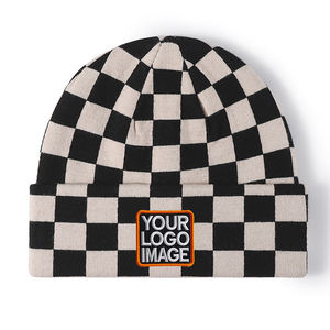Logotipo bordado personalizado invierno cálido Bobble a cuadros Vintage acanalado al por mayor diseño de gofres de punto sin puños Beanie Hat - Product Image 1