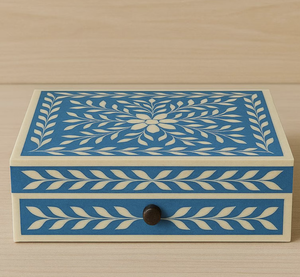 Caja de joyería y pañuelos artesanal de madera con incrustaciones de hueso natural para collares, pulseras, anillos, colgantes y pendientes, procedente de la India. - Product Image 4