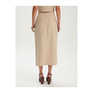 Jupe midi décontractée pour femme en mélange de coton à taille haute avec détail ceinture en cuir, respirante et écologique - Product Image 4
