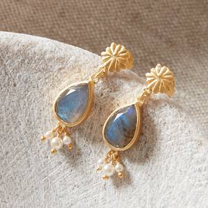 Design romantique mode solide en argent Sterling coupe poire Labradorite et coupe ronde perle en forme de pierre précieuse boucle d'oreille bijoux cadeau - Product Image 2