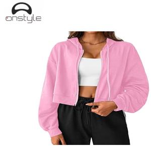 Onstyle Sports <b>women</b> casual crop hoodie <b>zip</b> <b>up</b> front with hood lightweight fabric short length long sleeve <b>jacket</b> - Product Image 1