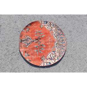 พรมตุรกีวินเทจขนาดเล็ก 2.9x2.9 ฟุต พรมขนสัตว์สีแดงลายนามธรรม - Product Image 3