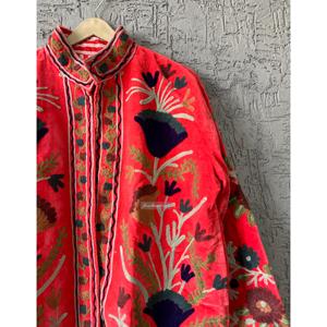 Handmade Red Velvet <b>Jacket</b> with Suzani Embroidery Quilted Reversible XL Indian Cotton Coat for Autumn Winter Varsity Style - Product Image 2