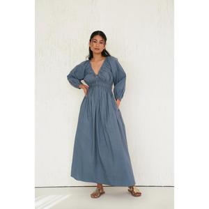 Vestido Largo de Algodón Azul Sólido para Mujer, Estilo Gótico, Estampado Floral Paisley, Cuello en V, Manga Corta, Cintura Elástica, Estilo Casual Bohemio para Verano - Product Image 1