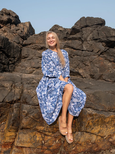 <b>Blue</b> Floral Hand Block Print Kyra Maxi <b>Dress</b> <b>for</b> <b>Women</b> Bohemian Cotton Flared Hem Casual Style <b>for</b> Autumn Season - Product Image 5