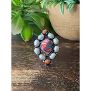 Southwest Handmade Multi Stone Sterling <b>Silver</b> <b>Adjustable</b> Boho Cluster <b>Ring</b> - Product Image 1