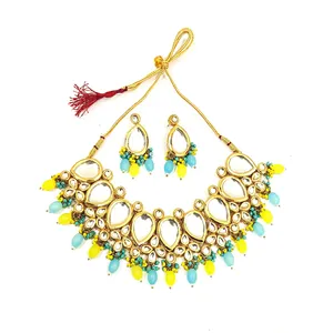 18K Gold Plated Kundan Vintage-style Yellow & Aqua <b>Ruby</b> <b>Necklace</b> Set for Parties & Gifts Includes Ring-Bridal & Fine Jewelry - Product Image 1
