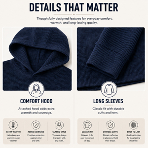 Men's 100% Cotton Casual Waffle Knit Fleece Breathable <b>Thermal</b> Pullover <b>Hoodie</b> (Autumn S-3XL 430g Regular Fit) - Product Image 2