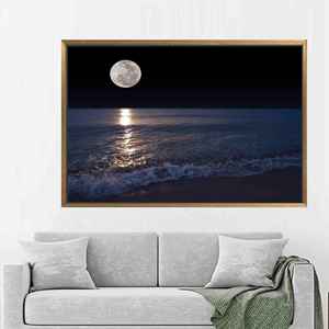 Toile décorative imprimée avec vue sur la mer et la lune - Affiche d'art contemporain, 1P : encadrée en or - Product Image 1