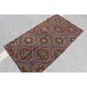 Tapis Kilim vintage 2,9x5,4 pi (88x164 cm), tapis turc rouge Ikat - Product Image 2
