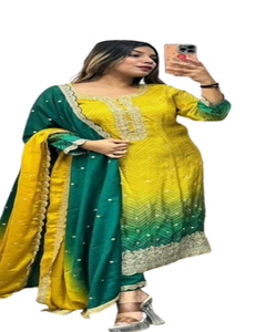 ชุดเสื้อผ้าอินเดีย-ปากีสถานดีไซน์ทันสมัย งานปักมือ คุर्ติ กางเกง ผ้าคลุมไหล่ ชุดสلوار ผ้าจอร์เจตต์ งานปัก สำหรับผู้หญิง - Product Image 1