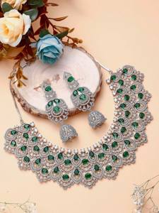 Silver Finish <b>Emerald</b> Green CZ Necklace Indian Jewelry Indian Jewelry Green Necklace Diamond Necklace Statement Jewelry Gift Her - Product Image 2