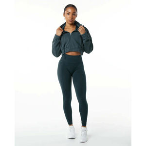 Custom Dark Grey <b>Cropped</b> <b>Zip</b> <b>Up</b> <b>Hoodie</b> for Women Fleece Long Sleeve Hooded Sweatshirt Casual Streetwear for Branding - Product Image 2