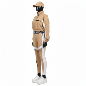 Conjunto de Chaqueta Cortavientos Ligera de Nailon y Poliéster para Mujer, Tacto Suave, Color Beige con Paneles Blancos, Ropa Deportiva, Logotipo Personalizado, Talla Grande - Product Image 4