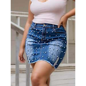 Gonna in denim vintage taglie forti con borchie di perle, design a trapezio casual-formale, lunghezza mini per l'estate - Product Image 6