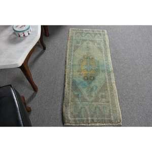 Tapis turc vintage vert bleu-1.6 X 3.9ft Design patchwork en laine de grande surface pour chambre à coucher couloir forme rectangulaire Latex - Product Image 3