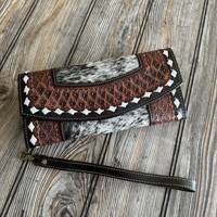 Dompet kulit sapi wanita, dompet panjang ukir peralatan tangan mewah dengan tombol jepret Rfid, mode Barat, Vintage, dompet kulit bulu sapi untuk perempuan