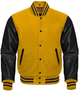 Veste universitaire Letterman en laine personnalisée pour hommes, en cuir véritable, noire avec patchs et étiquettes de logos brodés de couleur rouge, veste pour hommes - Product Image 2