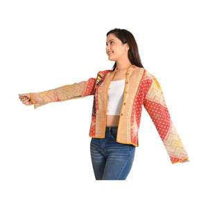Veste Kantha en coton vintage fabriquée à la main réversible, vêtements d'extérieur Boho légers pour toutes les saisons - Product Image 2
