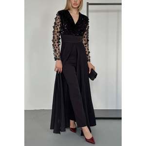 Wholesale <b>Black</b> Jumpsuit with Sheer <b>Tulle</b> Sleeves and Skirt - Product Image 1