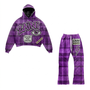 Survêtement en molleton de coton et polyester premium 380 GSM, motif écossais violet, avec logo personnalisé imprimé par transfert thermique en relief, OEM ODM - Product Image 1