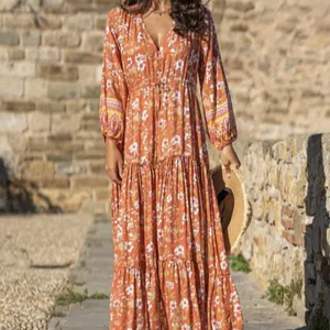 Boho Floral Print Frill Vintage Bohemian Print V-Neck Street <b>Dress</b> Casual Summer Loose Long Sleeve <b>Dress</b> Maxi <b>Dress</b> - Product Image 1