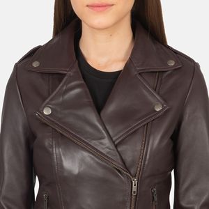 Chaqueta de motorista de piel de oveja auténtica para mujer, con cremallera, forro de viscosa acolchado y bolsillos exteriores interiores, color marrón - Product Image 5