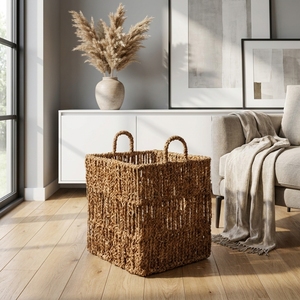 Natural Hand Woven Seagrass Water Hyacinth Square Storage <b>Basket</b> Arch Handle <b>Cube</b> Shelf Organizer Setup Decor Pure Art Design - Product Image 4