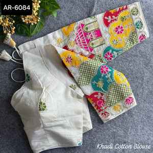 Blusa Bordada con Puntada de Cadena en Algodón Khadi Puro, Lista para Usar, para Bodas Indias, para Saree y Lehenga Choli - Product Image 4