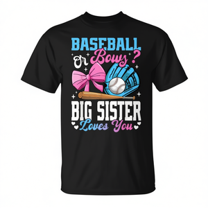 T-shirt 'Big Sister Loves You' per Rivelazione del Sesso del Bambino, Design Baseball o Fiocchi per Eventi Promozionali - Product Image 2