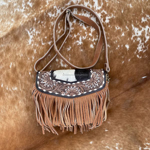 New Handcrafted <b>Tooled</b> & Tan Suede <b>Leather</b> Fringe Small Crossbody Bag for Women's Western Hair on Cowhide Floral Shoulder Purse - Product Image 2