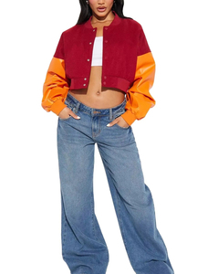 Women Varsity Bomber Cropped Jacket Leather Sleeves Custom Embroidery Logo Baseball Letterman Jackets Factory Wholesale Supplier - Product Image 3