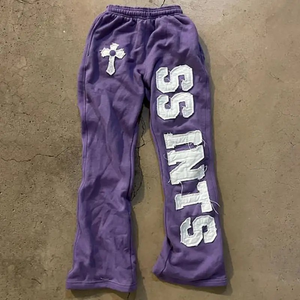 กางเกงวอร์มทรงขาบานผู้ชายสั่งทำพิเศษ ผ้าฟลีซคอตตอนหนานุ่ม 400 กรัม ระบายอากาศได้ดี ทรงเข้ารูป ไซส์ใหญ่ แต่งลายปักแบบดิสเทรส - Product Image 4