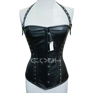 คอร์เซ็ทหนังสีดำสไตล์โกธิคแบบรัดตัว มีโครงเหล็ก สายรัดคอแบบผูก  สำหรับใส่ไปคลับหรือแฟชั่นเฟติช ราคาขายส่ง - Product Image 1