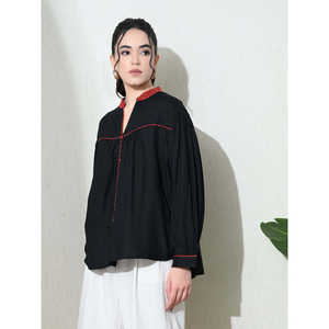 Camisa Boho Oversize de Algodón Slub con Cuello Mao, Manga Globo Tejida con Botones, Transpirable, con Ribete de Color en Contraste para Oficina y Verano - Product Image 3