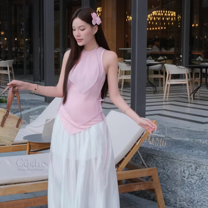 Ensemble décontracté quotidien élégant sans manches col rond haut et jupe longue en mousseline de soie Style féminin avec taille naturelle douce Coshe Elena - Product Image 1